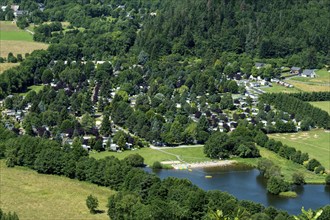 Scenic view of the Chambon Lake campsite in Auvergne Volcanoes Regional Natural Park, Puy-de-Dôme,