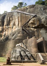 Metal staircase climbing to rock palace fortress, Sigiriya, Central Province, Sri Lanka, Asia