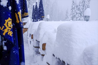 Onset of winter, snow, September, alpine pasture, hut, mountains, hike, tables, bench, snowfall,