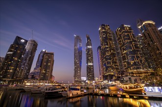 Night shot, Marina, Skyline, Cayan Tower, DAMAC Heights, Logo, Dubai Marina, Dubai, United Arab