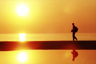 Young man, Silhouette, Hike by the sea, Sunset, Holiday, Leisure, Free, Peaceful, Sun, MR:Yes,