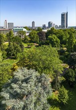 The skyline of Essen city centre, with the RWE Tower on the right and Stadtgarten Park in front,