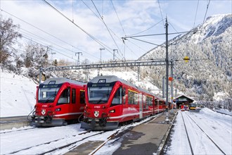 Rhaetian Railway trains on the Albula railway Stadler Rail passenger train at Filisur station,