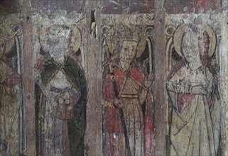 Medieval rood screen paintings, St Andrew church, Westhall, Suffolk, England, UK