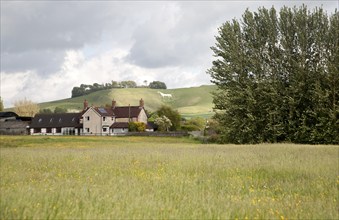 View over fields and farmhouse to the White Horse figure on the chalk scarp slope on Cherhill Down,