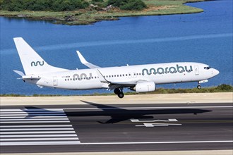 A Marabou Stork Boeing 737-800 aircraft with the registration LY-MGM at Corfu Airport, Greece,