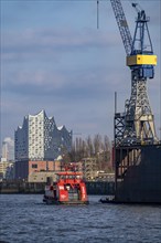 Hadag harbour ferry, on the Elbe, Elbe Philharmonic Hall, Blohm + Voss Dock 11, Hamburg, Germany,