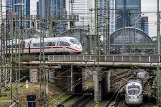 ICE train on the track in front of the main station of Frankfurt am Main, Skyline, Hesse, Germany,