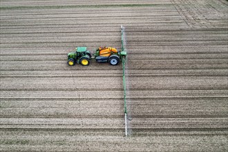 Farmer working a field, crop protection agent being sprayed, field with young sugar beet plants,