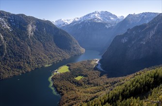 View of the Königssee with St. Bartholomä church, from the Rinnkendlsteig mountain hiking trail,