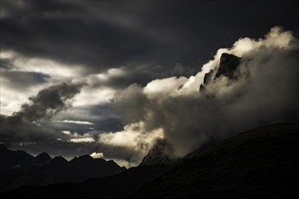 Montafon mountains with dramatic cloudy sky, Tschagguns, Rätikon, Montafon, Vorarlberg, Austria,