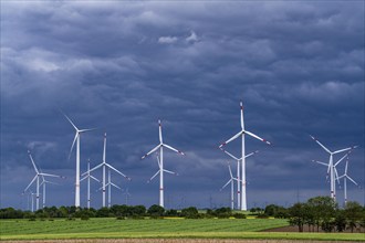 Wind farm east of Geilenkirchen, dark storm clouds, strong wind, North Rhine-Westphalia, Germany,