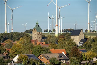 Wind farm above the village of Lichtenau, self-proclaimed energy town, houses with photovoltaic