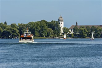 Bell tower of the church of St Irmengard, Benedictine monastery Frauenwörth, Frauenchiemsee or