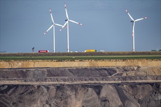 Edge of the Garzweiler II opencast lignite mine, the A46 motorway, wind turbines, wind farm, North