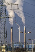 High-voltage power line, high-voltage pylon, chimney of the RZR Herten waste-to-energy plant, waste