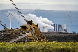 Lignite opencast mine Garzweiler II, bucket wheel excavator dredging, at the edge of the opencast