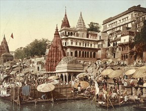 Benares, Varanasi. Palace of Maharaja of Indore, India, digitally restored reproduction from a 19th