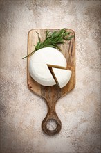 Head of Georgian cheese, Imereti variety, top view, on a cutting board