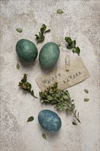 Easter eggs, green, staple text, boxwood, retro, top view