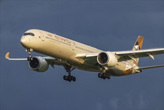 Aircraft approaching Zurich Airport. Registration: A6-XWB, ETIHAD AIRWAYS, AIRBUS A350-1000.Zurich,