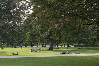 People under trees in Kongens Have Park, Copenhagen, Denmark, Europe