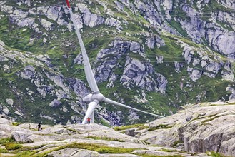 Gotthard Pass. Pass summit with wind turbine, wind power plant. Airolo, Canton Ticino, Switzerland,