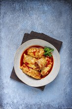 Stuffed cabbage rolls with minced meat, in tomato sauce, top view, without people, in the spotlight