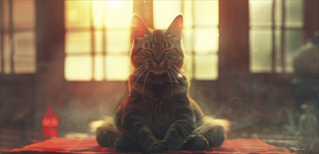 A cat is sitting on a mat and meditating. Concept of calmness, yoga and serenity, AI generated