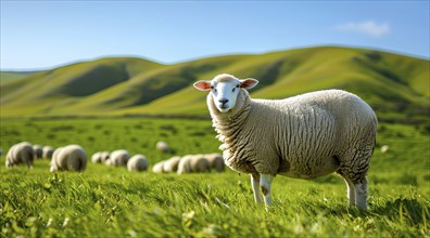 A sheep grazing in a field of green grass with other sheep in herd, AI generated