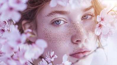 Woman with blue eyes and red hair surrounded by pink sakura flowers. Beauty and natural elegance,