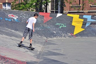 Boy with waveboard, skateboard track, Brussels, Belgium, Europe