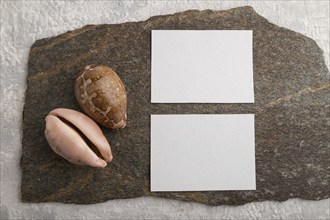 White paper business card, mockup with natural stone and seashell on gray concrete background.