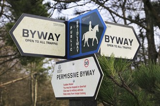 Byway and bridlepath access signs on signpost, Salisbury Plain, Wiltshire, England, UK