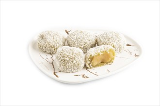 Japanese rice sweet buns mochi filled with pandan jam isolated on white background. side view,