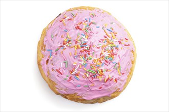 Homemade glazed and decorated pink easter pie isolated on a white background. top view, flat lay,