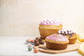 Homemade glazed and decorated easter pies with chocolate eggs and rabbits on a white concrete