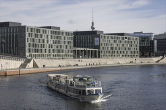 Boat on the Spree with the television tower in the background in Berlin, 28/03/2024