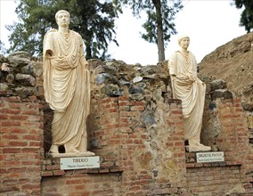 Statues of Emperor Tiberius and Nero Claudius Drusus, Aula Sacra, Merida, Extremadura, Spain,