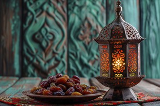 Ramadan lantern with a plate of succulent figs, set on an ornate table with intricate designs,