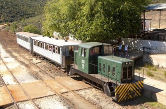 Old steam train used for tourist trips through the Rio Tinto mining area, Huelva province, Spain,