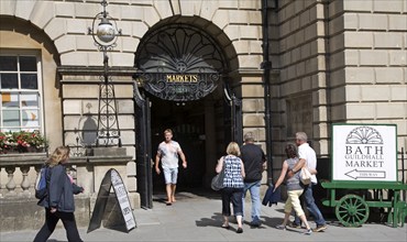 People outside the historic Guildhall market, Bath, Somerset, England, United Kingdom, Europe