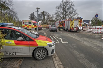 Emergency doctor and fire brigade response to a construction site accident, Bavaria, Germany,