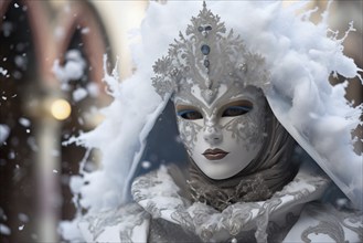 A person adorned in a richly detailed and colorful carnival costume, complete with an elaborate