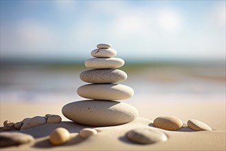 Zen stones stack on sand waves in a minimalist setting for balance and harmony. Balance, harmony,