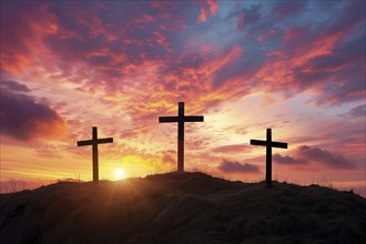 Easter concept three crosses on Golgotha Calvary hill against a dramatic sunset, AI generated