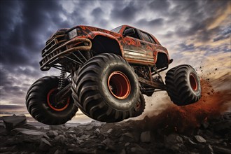 Monster truck driving and jumping outdoors amidst a cloud of dust. Thrill and adrenaline of an