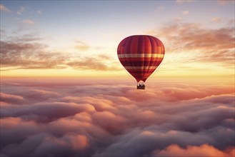 Colorful hot air balloon floats over a sea of clouds at sunset at sunset with orange and blue skies