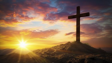 Easter concept cross on Golgotha Calvary hill against a dramatic sunset, AI generated