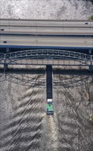 Barge under the Europabrücke and Alte Harburger Elbbrücke, Elbe, transport, coal, ore, aerial view,